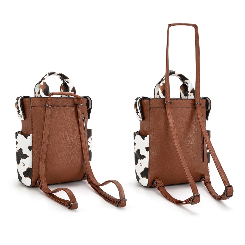 Wrangler Cow Print Tote/Shoulder Bag Convertible Backpack - Brown-Brown - Picture 4 of 5